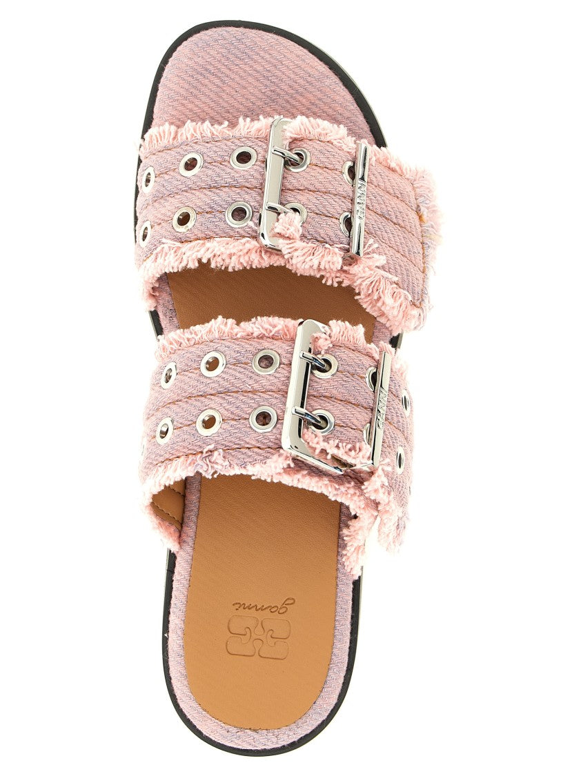 Ganni 'Feminine Buckle Fringed Denim' Sandals