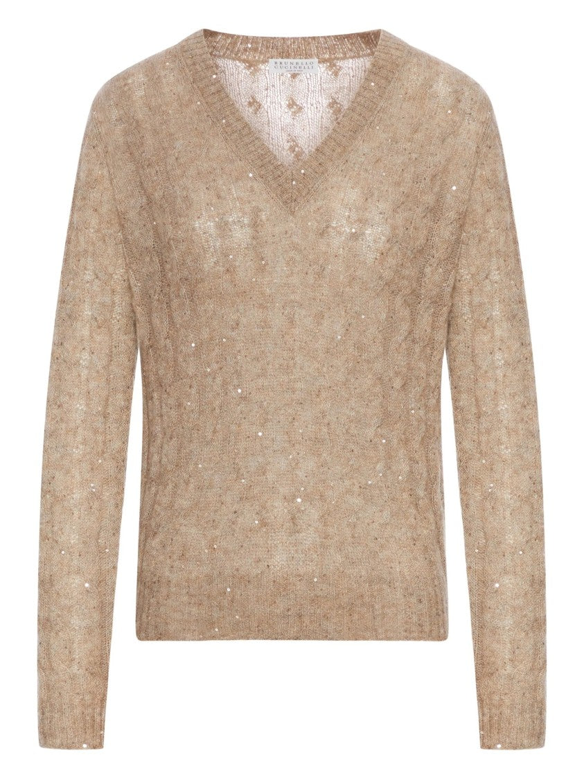 Brunello Cucinelli Textured Knit Long-Sleeved Sweater With V-Neckline