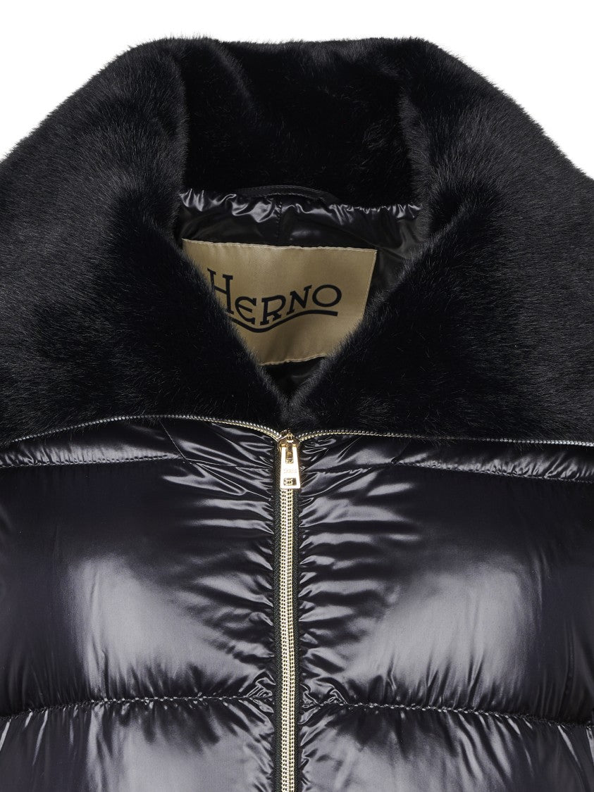 Herno Glossy Quilted Short Coat With Plush Collar And Metallic Details
