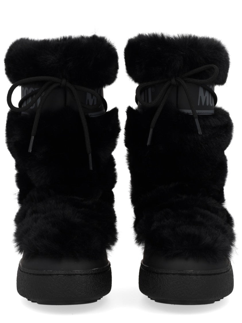 Moon Boot Mid-Calf Plush Black Boots With Lace-Up Detail