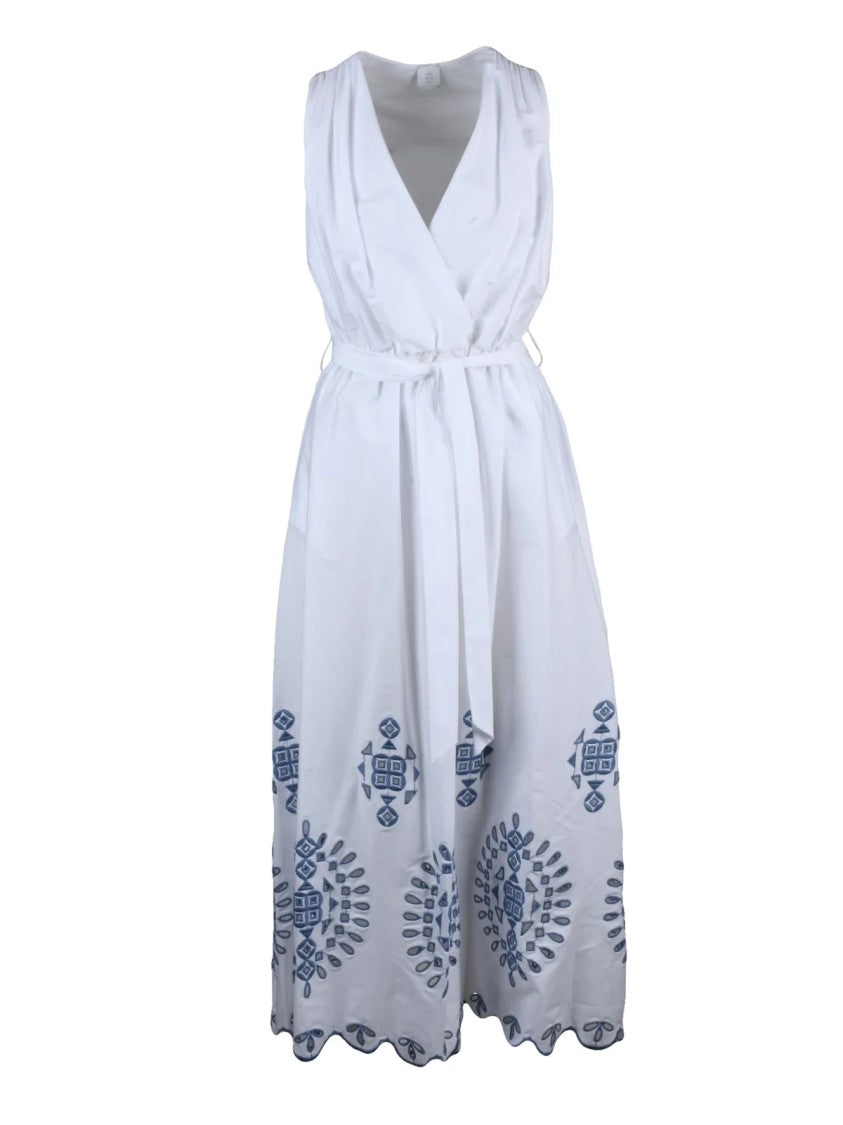 cotton elastane dress Eleventy White Blue Long Embroidered Size:10-REG Gown Prom Jxzom My First Christmas and a flattering sleeveless