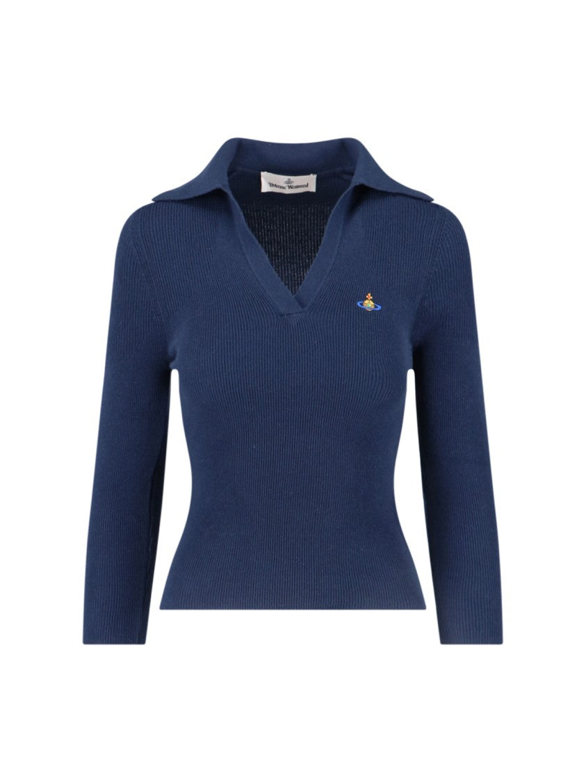 Vivienne Westwood Navy Marina Ribbed V-Neck Polo