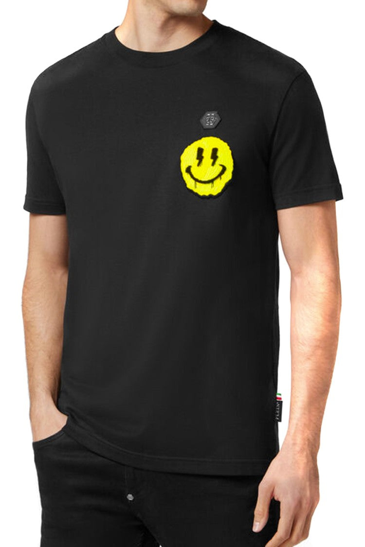 Philipp Plein Black Cotton T-Shirt With Iconic Smiley Patch And Embroidered Logo