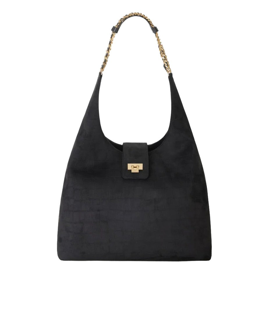 Elisabetta Franchi Suede Hobo Bag With Crocodile Embossing And Gold Chain Details