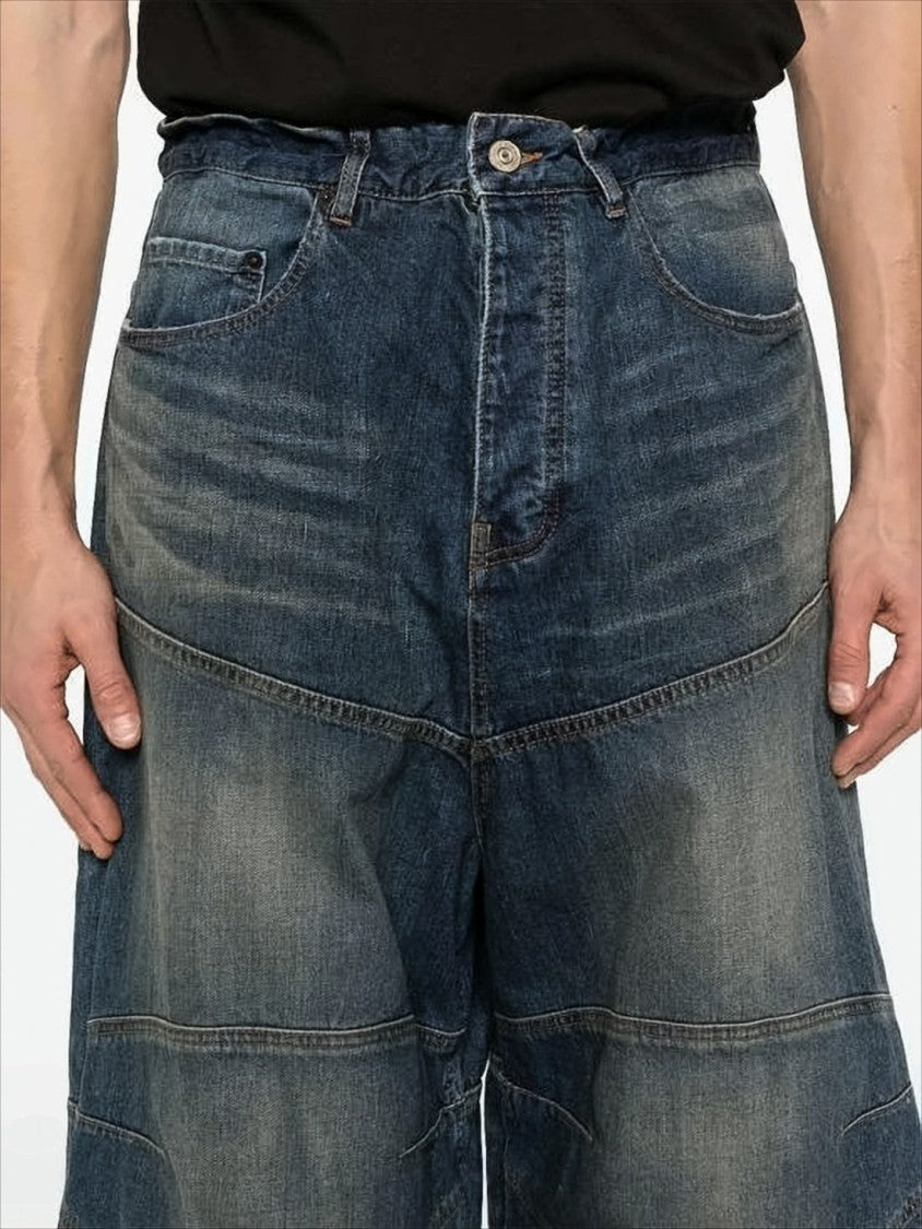 Balenciaga Wide-Leg Distressed Denim Pants With Horizontal Seam Detailing