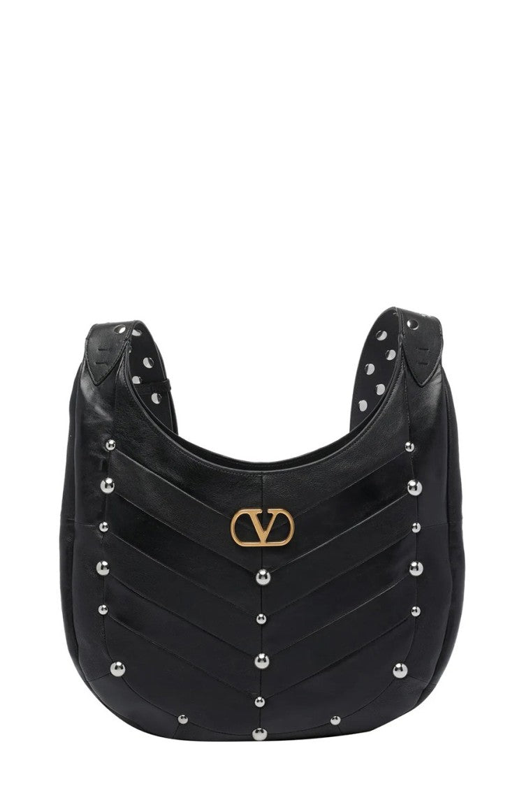 Valentino Garavani Black Studded Trim V Logo Leather Shoulder Bag
