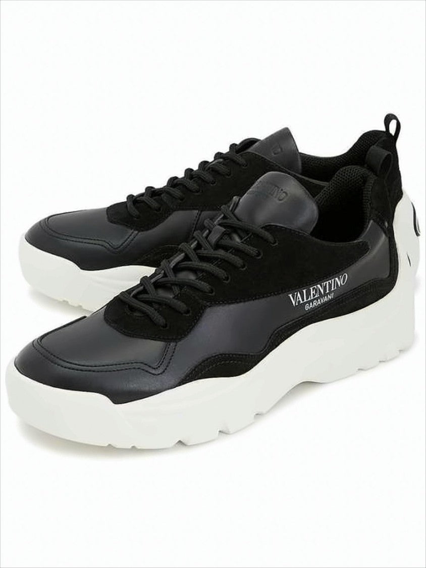 Valentino Garavani Black Leather And Suede Sneakers With Logo Detail