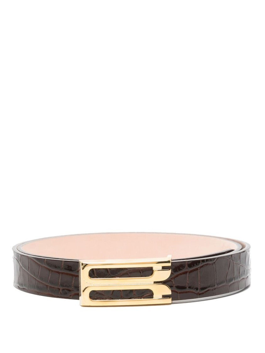 Victoria Beckham Crocodile-Embossed Brown Leather Belt With Gold-Tone Buckle