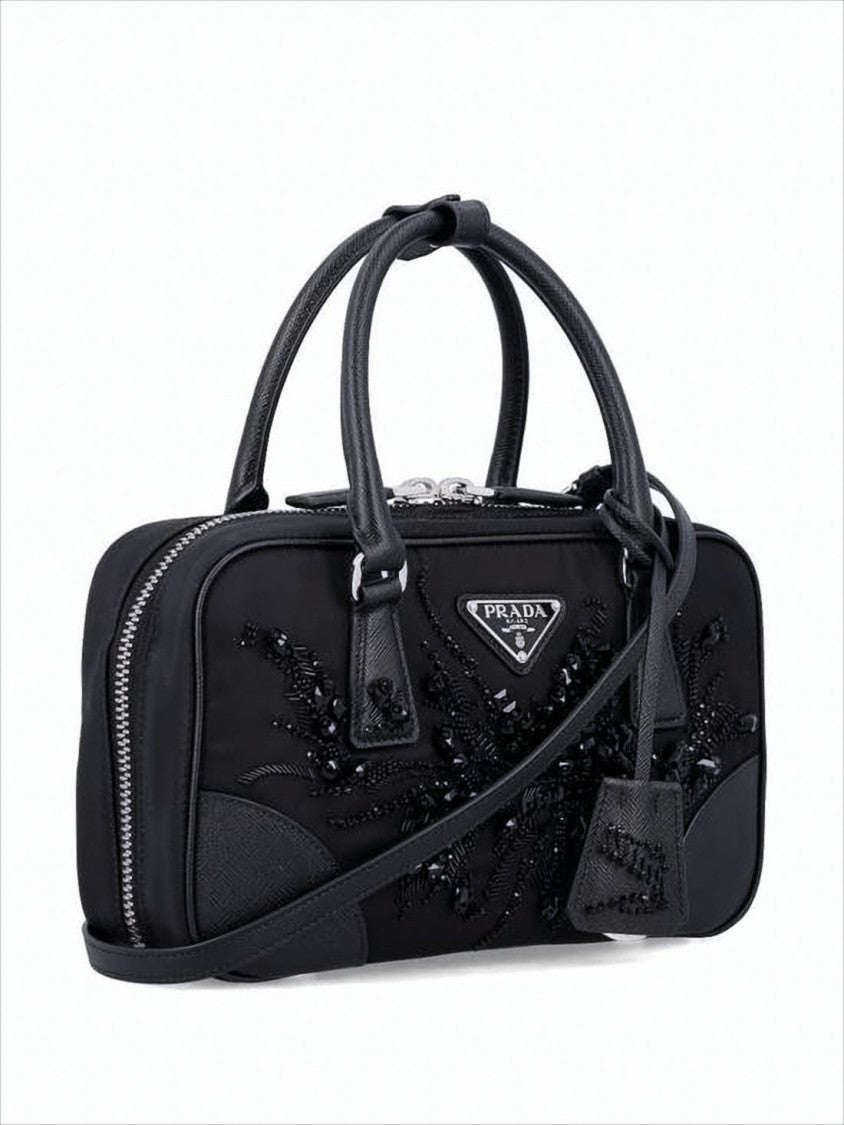 Prada Rectangular Tote Bag With Leather Accents And Beaded Embellishments