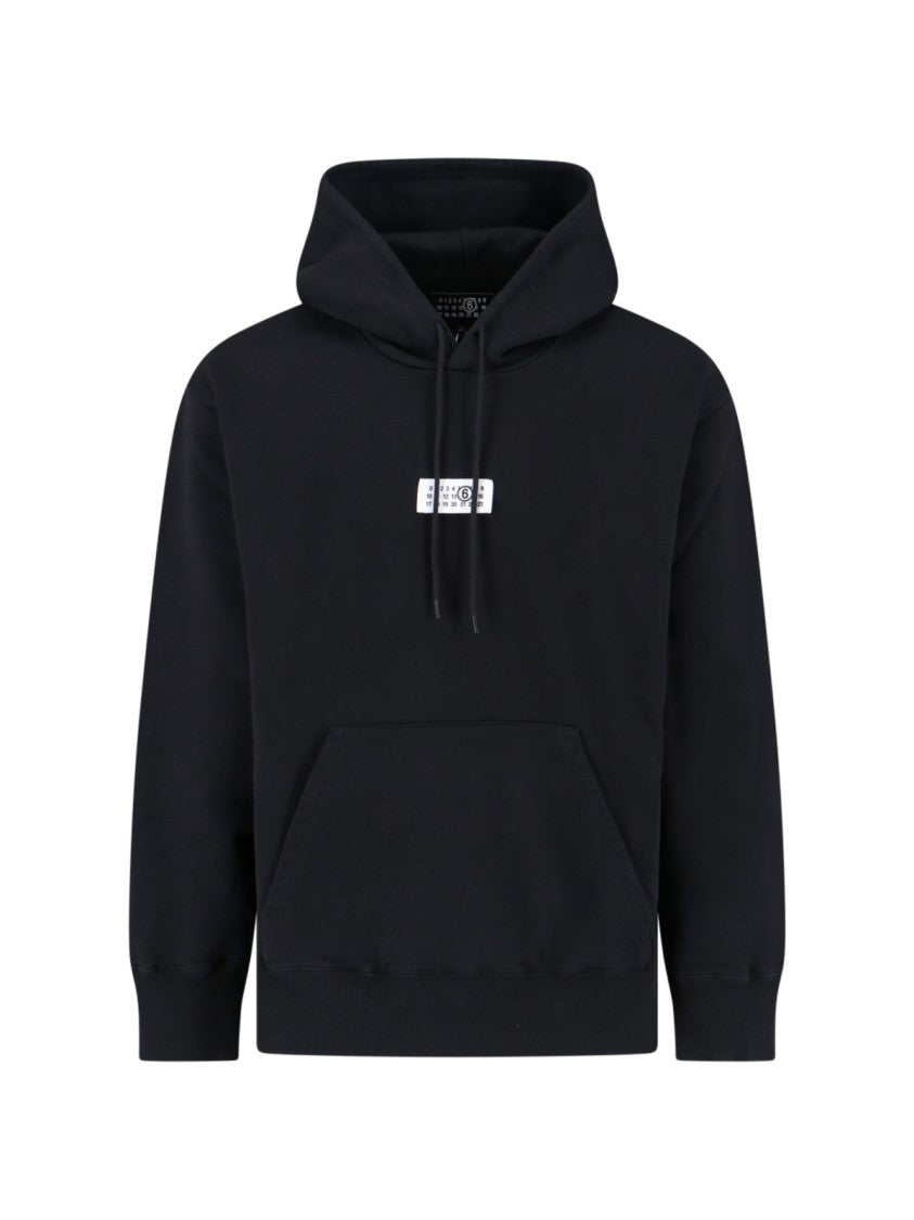Mm6 By Maison Margiela Emblazoned Black Hoodie With Drawstring And Ribbed Finishes