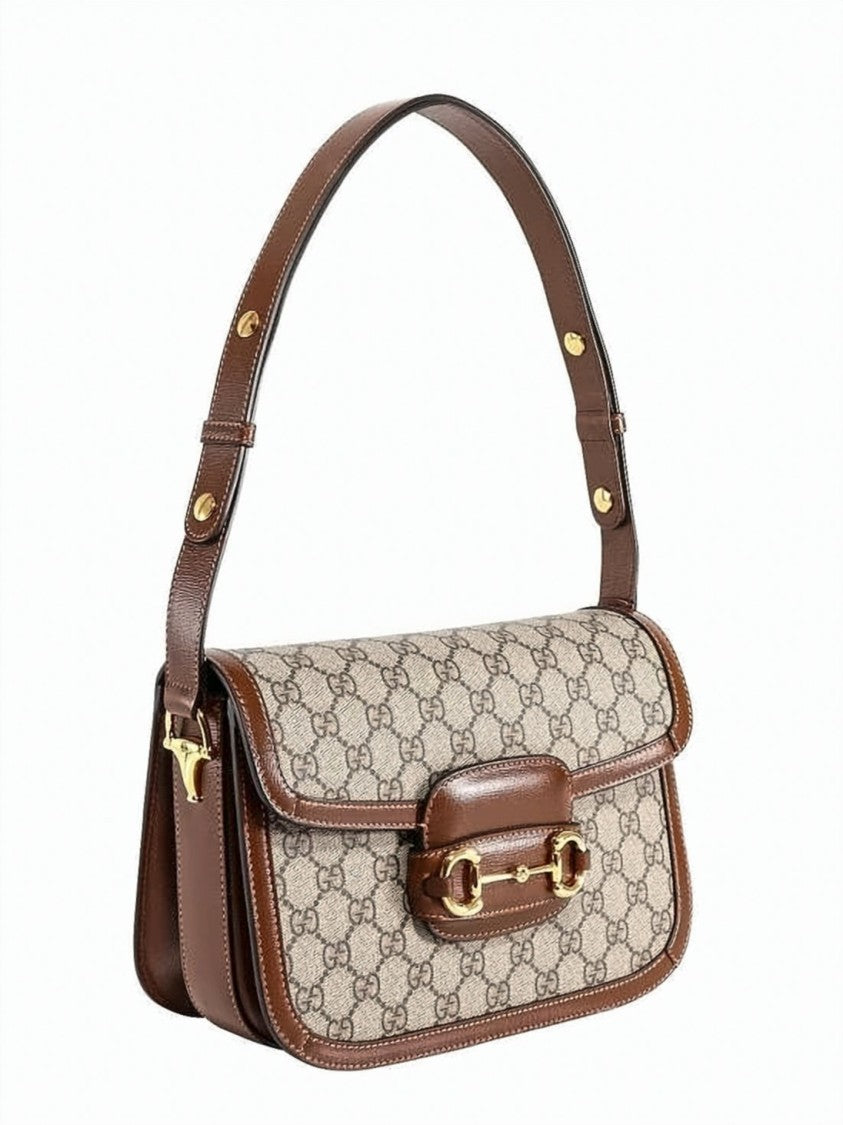 Gucci Structured Beige Canvas Horsebit Shoulder Bag With Leather Trimming