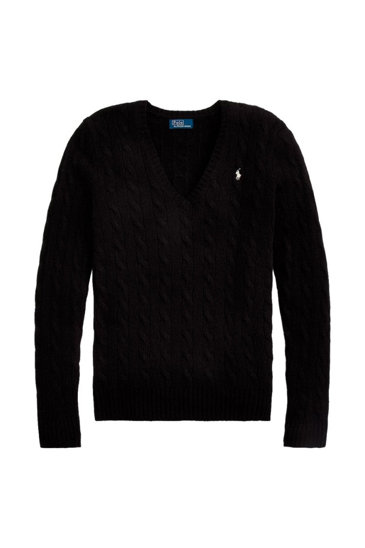 Polo Ralph Lauren Black Wool-Cashmere Blend V-Neck Cable-Knit Sweater