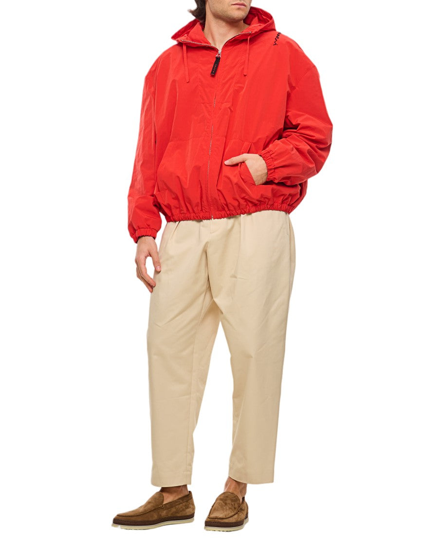 Marni Hooded Red Crinkled Nylon Jacket With Handcrafted Embroidery