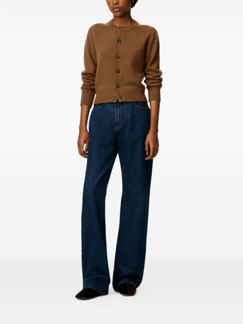 Ami Cropped Brown Wool Cardigan With Crew Neck And Ami De Coeur Embroidery