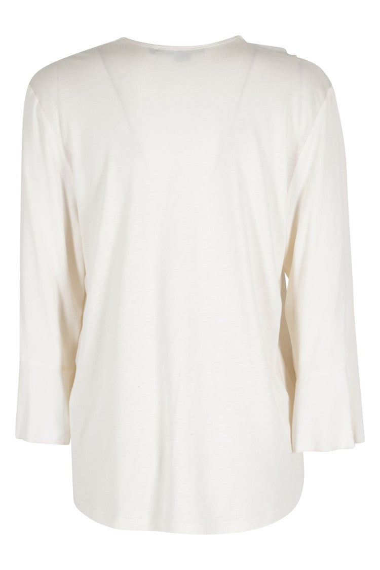 Seventy Cream Ruffle V-Neck Three-Quarter-Sleeve Cotton Shirt