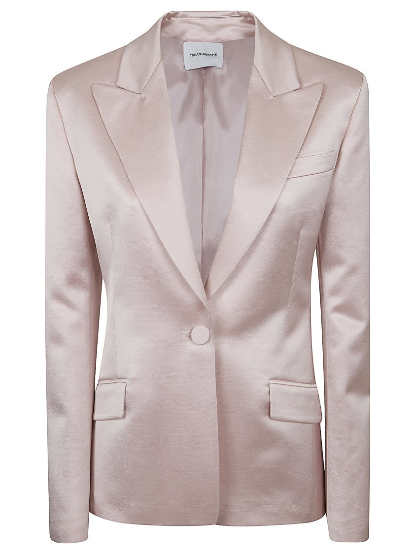 The Andamane Fitted Satin Blazer With Peak Lapels And Padded Shoulders