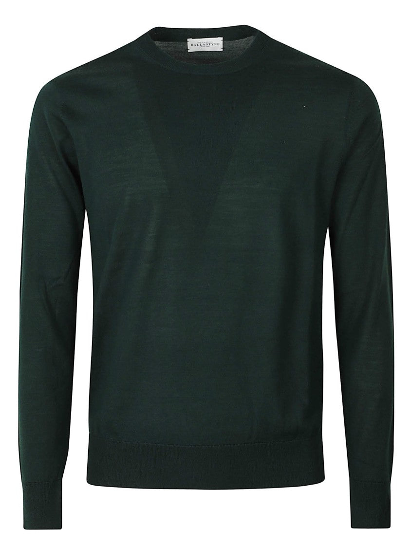 Ballantyne Finely Knit Green Wool Sweater With Classic Crew Neckline