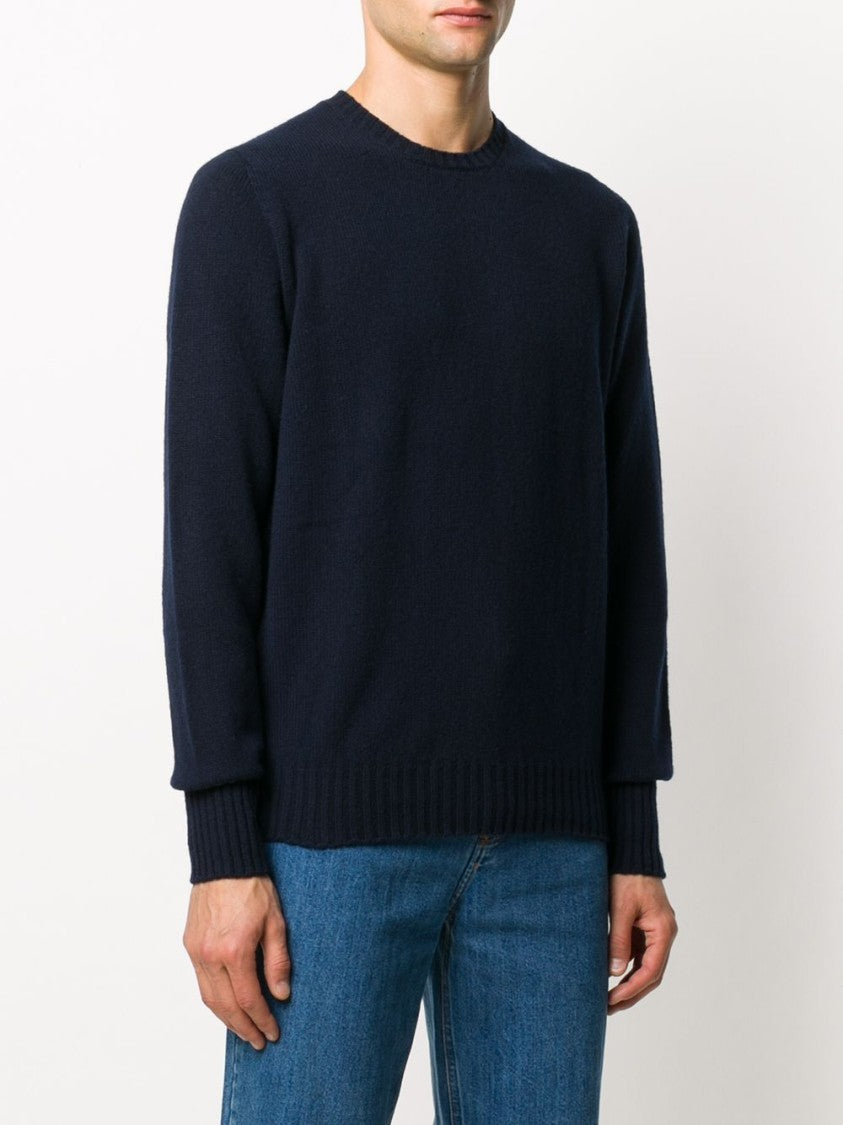 Drumohr Ribbed Hem Long-Sleeve Navy Fine Knit Sweater