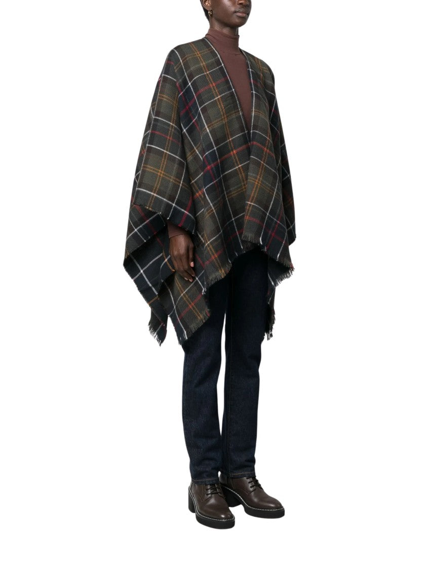 Barbour Plaid Tartan Poncho With Fringed Edges And Draped Silhouette