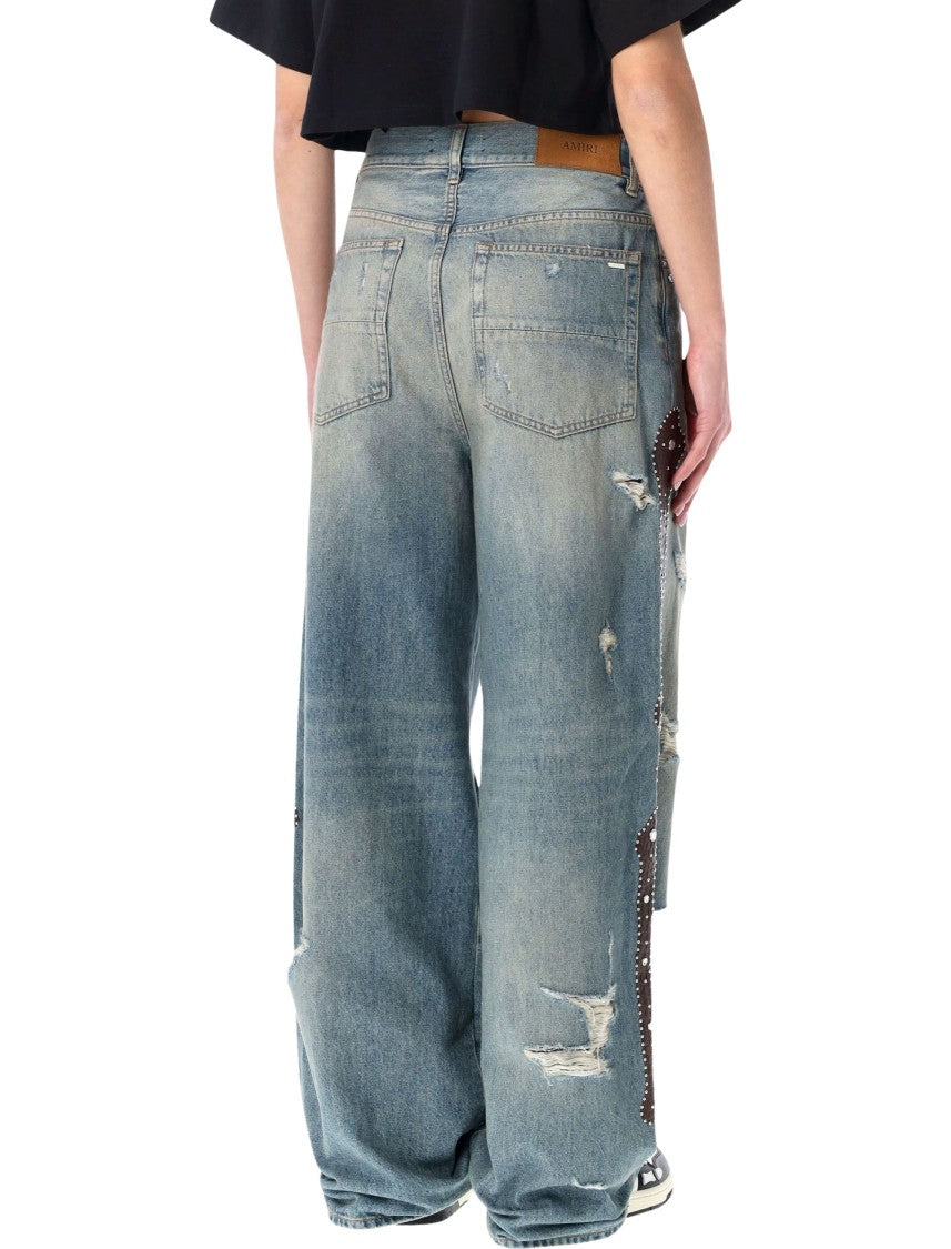 Amiri Bones Distressed Crocodile Panels Jeans