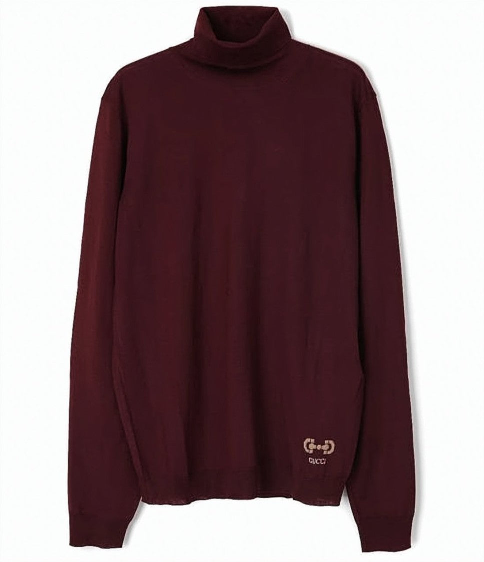 Gucci Burgundy Turtleneck Sweater With Ribbed Cuffs And Logo Detail