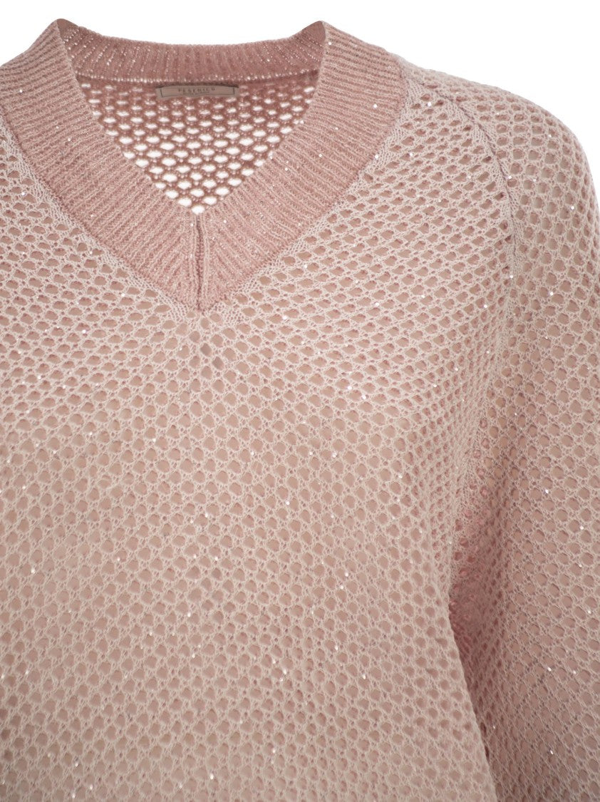 Peserico V-Neck Mesh Top In Linen And Cotton