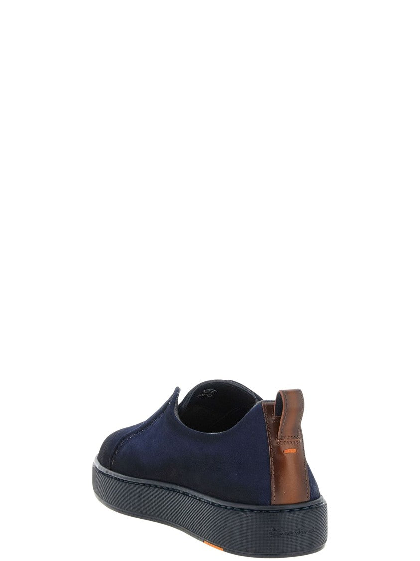 Santoni Navy Victory Leather Pull Tab Slip-On Sneakers