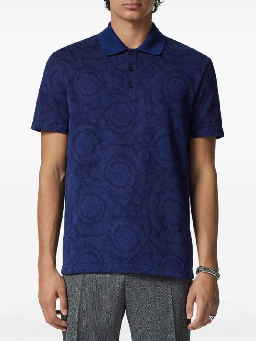 Versace Deep Blue Barocco Print Piqué Polo