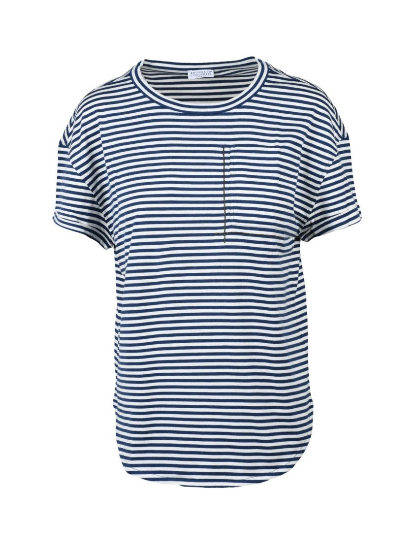Brunello Cucinelli White/Blue Cotton Women T-Shirt