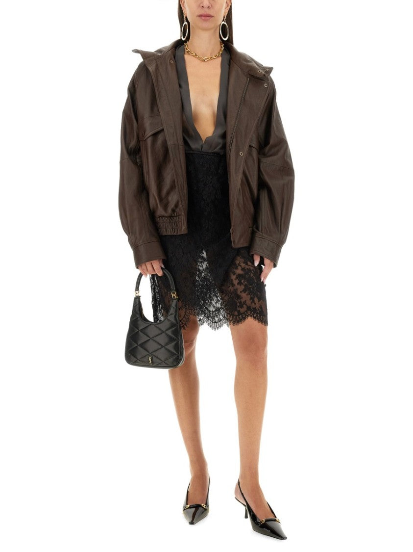 Saint Laurent Deep Plunge Silk Bodysuit With Sheer Sleeves