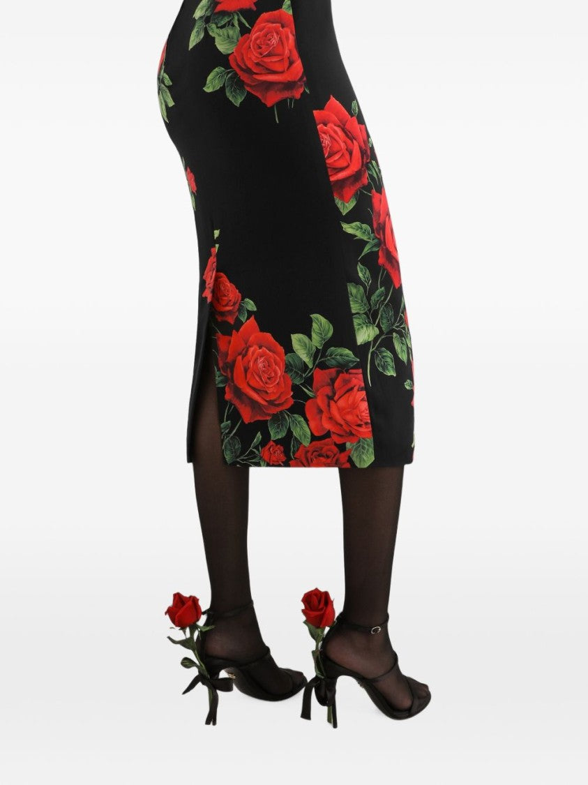 Dolce & Gabbana Fitted Signature Rose Prints Midi Dress