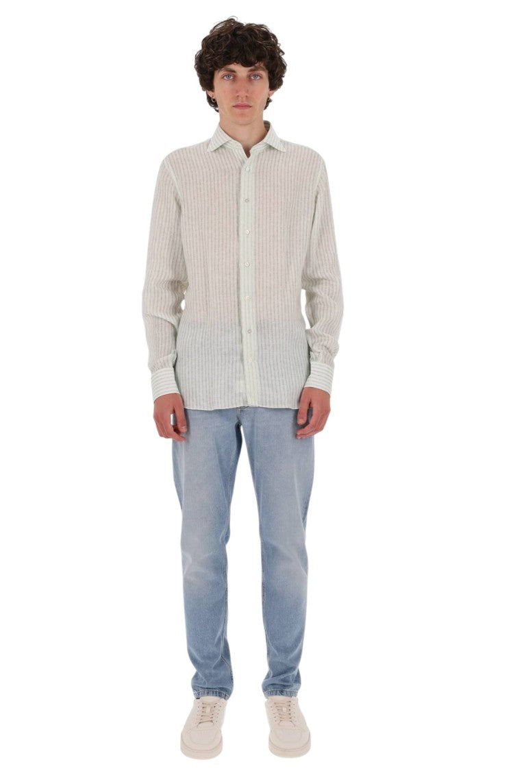 Borriello White Green Striped Linen Shirt