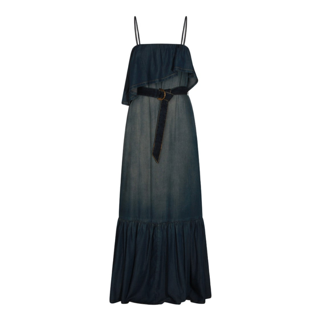 Pinko Long Maxi Dress With Ruffled Overlay And Cinched Waist