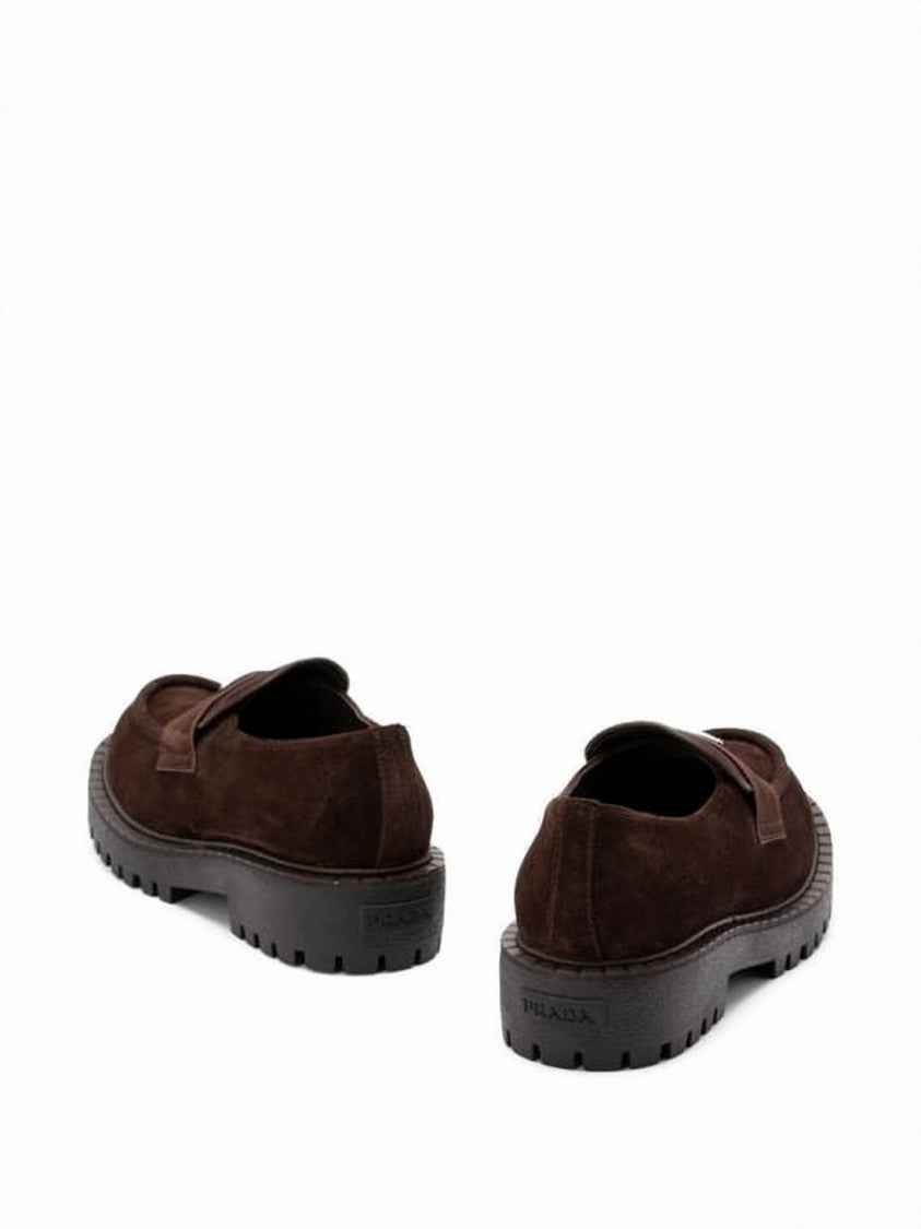 Prada Chunky Sole Dark Brown Suede Loafers With Triangular Emblem