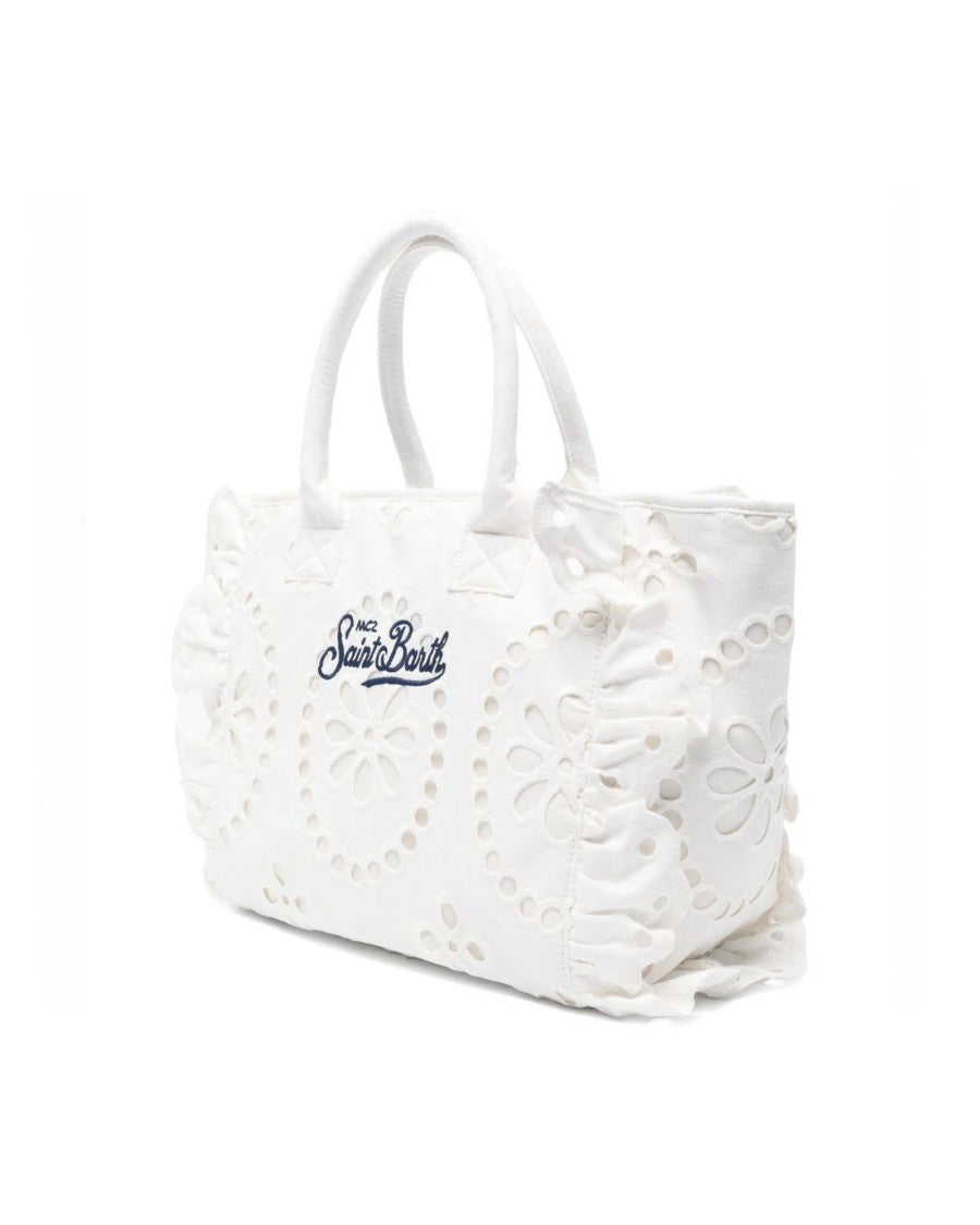 Mc2 Saint Barth Ruffled Sangallo Cotton Tote Bag With Embroidered Accents