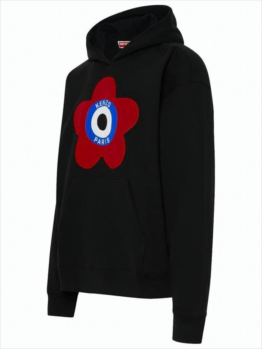 Kenzo Cotton Blend Black Hoodie With Bold Floral Emblem