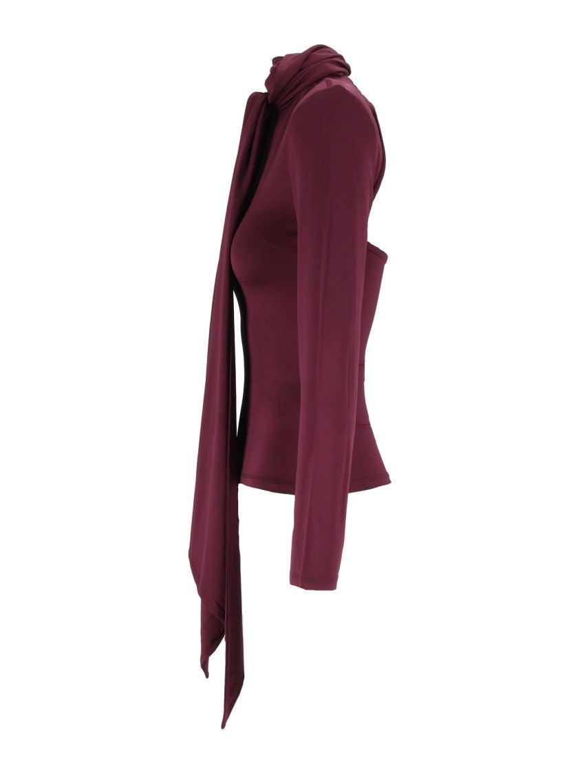 Rotate Burgundy Tight-Fit Long-Sleeved Scarf Top