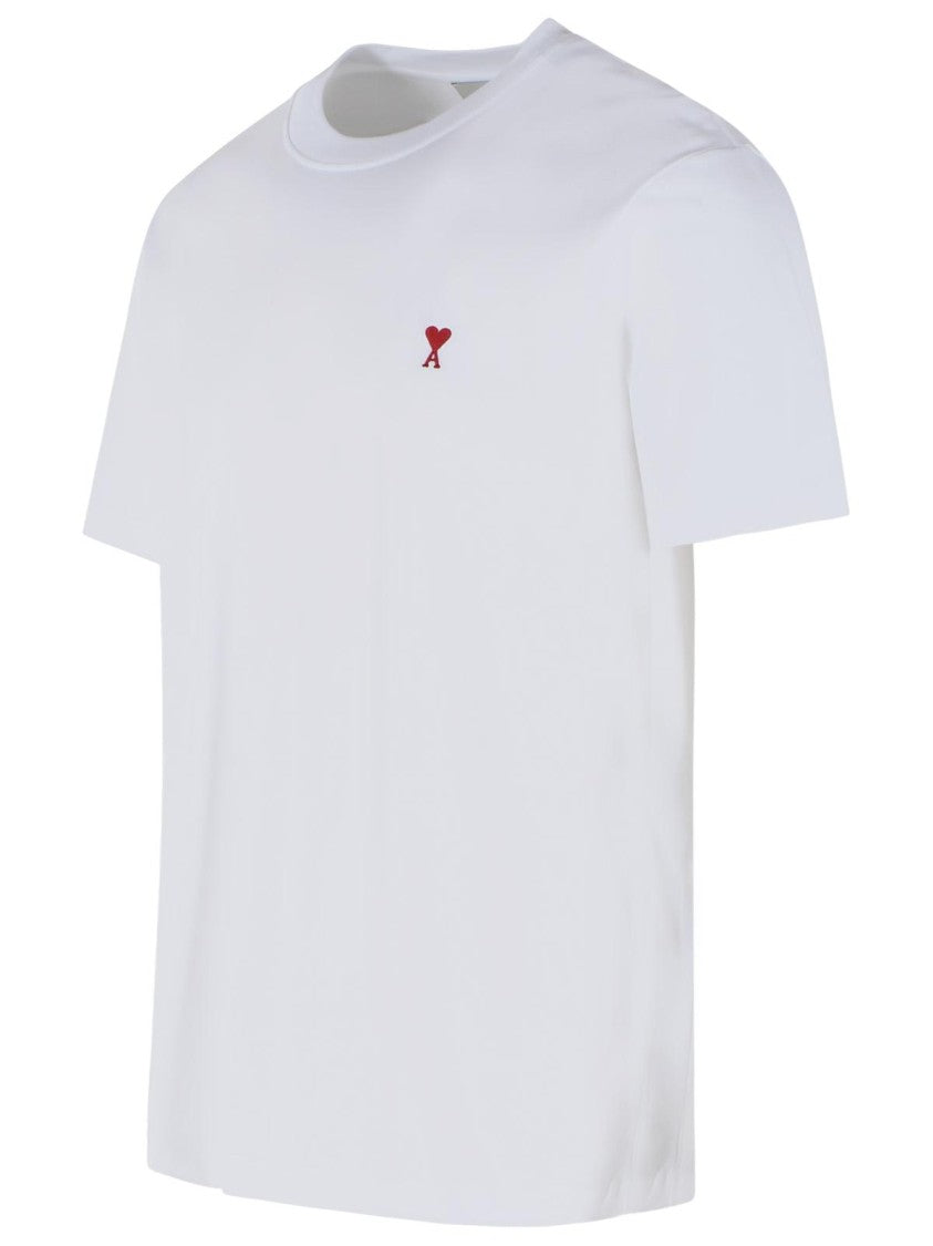 Ami Paris Ribbed Crew Neck Cotton T-Shirt With Embroidered Logo