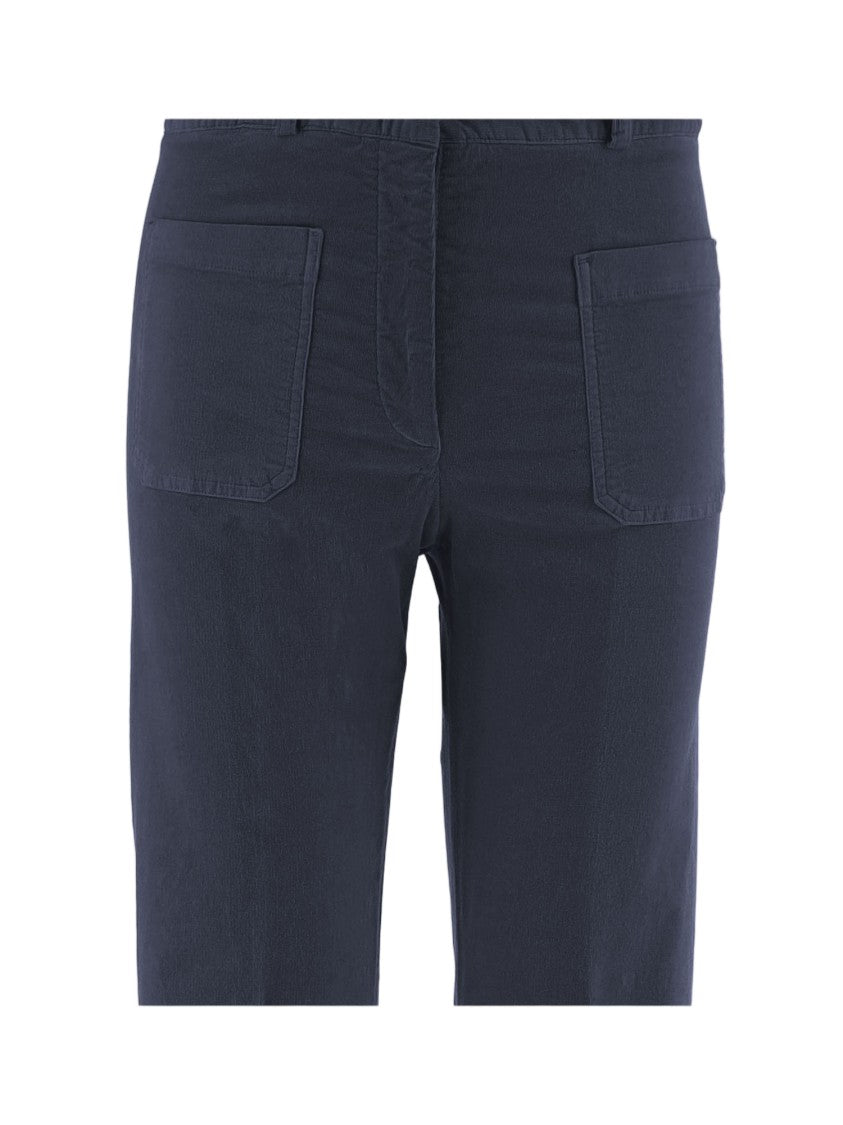 Ql2 Flared Navy Stretch Cotton Velvet Pants With Pressed Center Crease