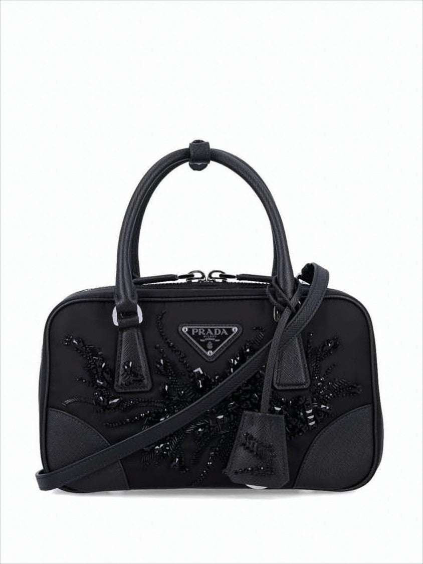 Prada Rectangular Tote Bag With Leather Accents And Beaded Embellishments