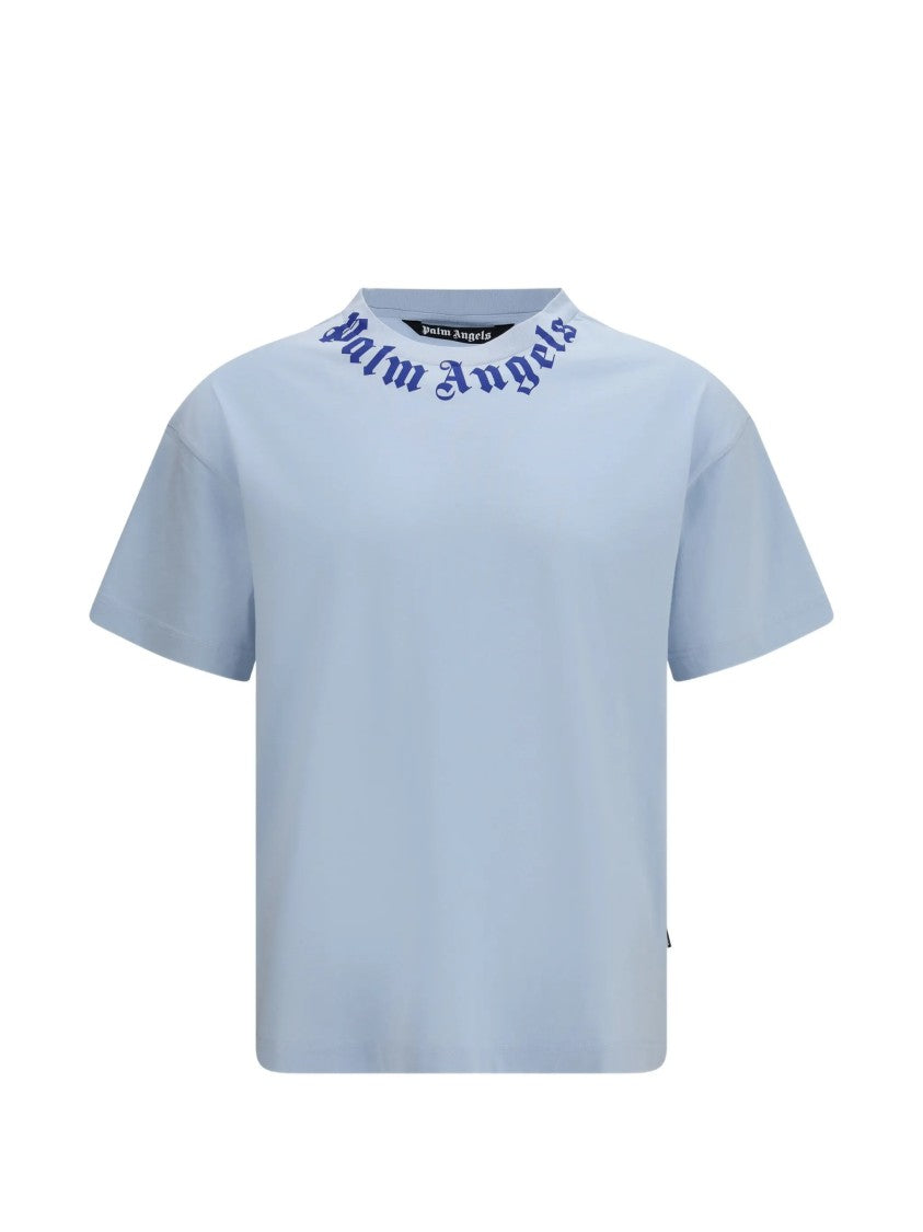 Palm Angels Light Blue Neck Logo Cotton T-Shirt