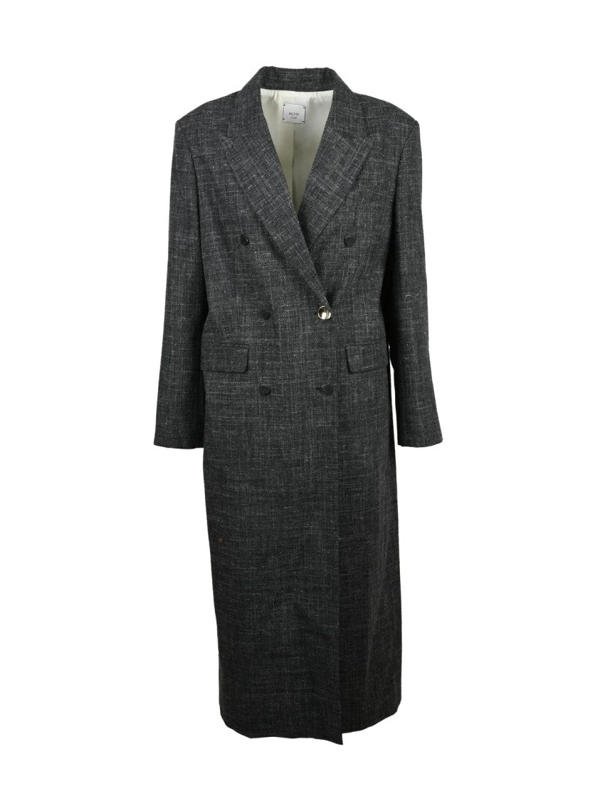 Alysi Grey Wool-Linen Blend Double-Breasted Long Coat