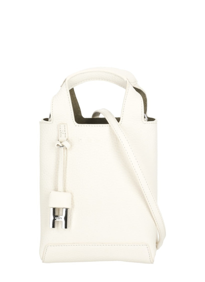 Hogan Compact Mini Bag In White Pebbled Leather With Metallic Charm