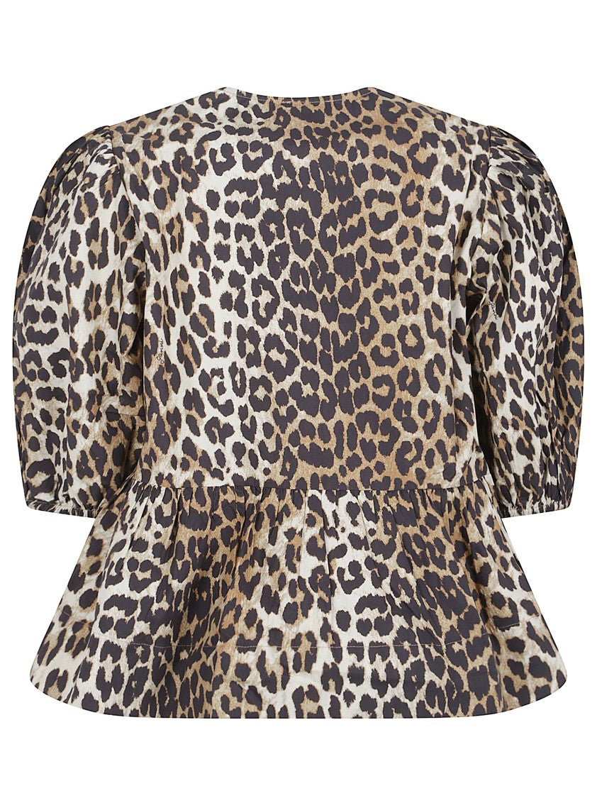 Ganni Multicolor Leopard Print Cotton Poplin Shirt
