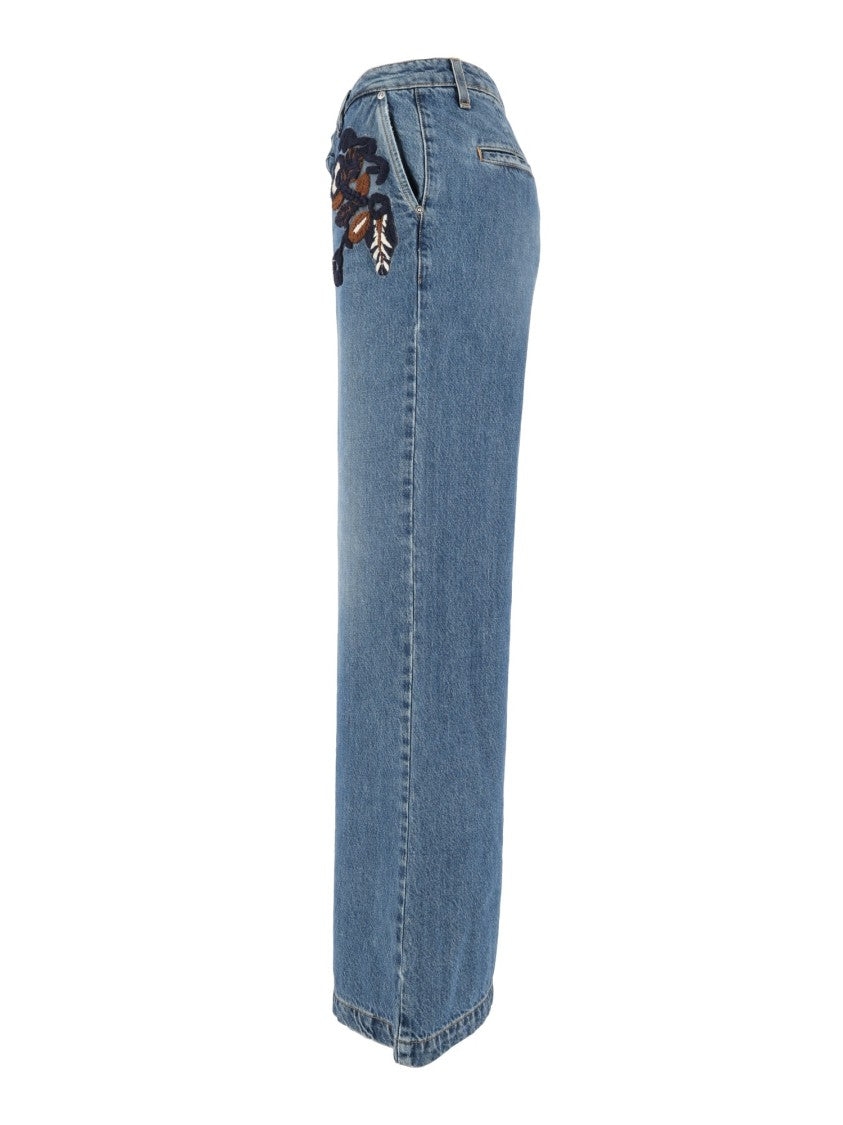 Ermanno Scervino High-Waisted Floral Applique Wide-Leg Jeans