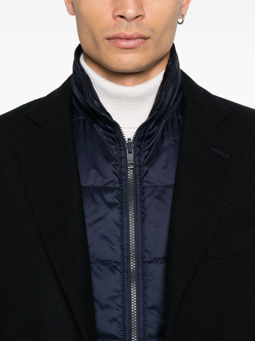 Fay Layered Navy Blue Coat With Button Fastening And Flap Pockets