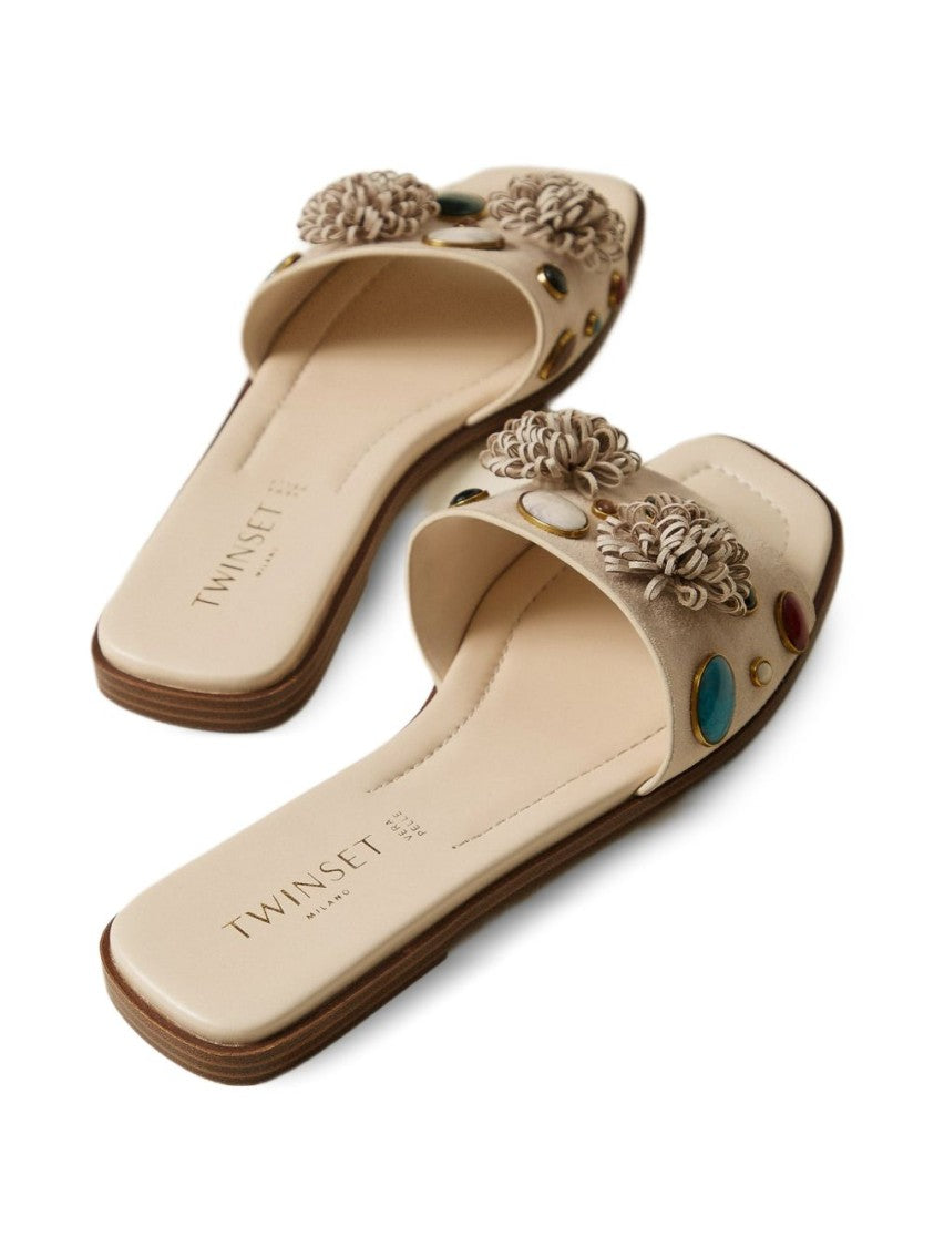 Twin-Set Beige Floral Appliqué Sandals With Stone Embellishments