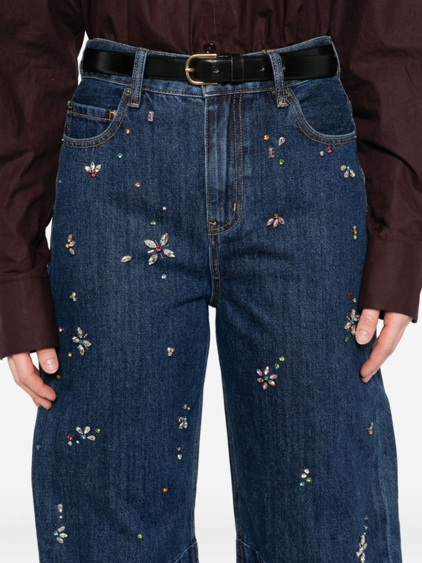 Self-Portrait Relaxed Wide-Leg Jeans With Floral Embellishments