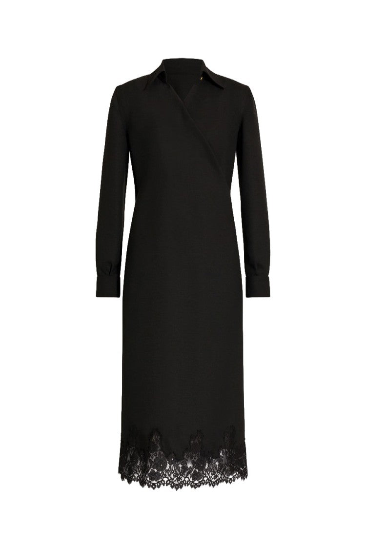 Alberta Ferretti Black Wrap-Front Scalloped Lace Hem Polyester-Wool Day Dress