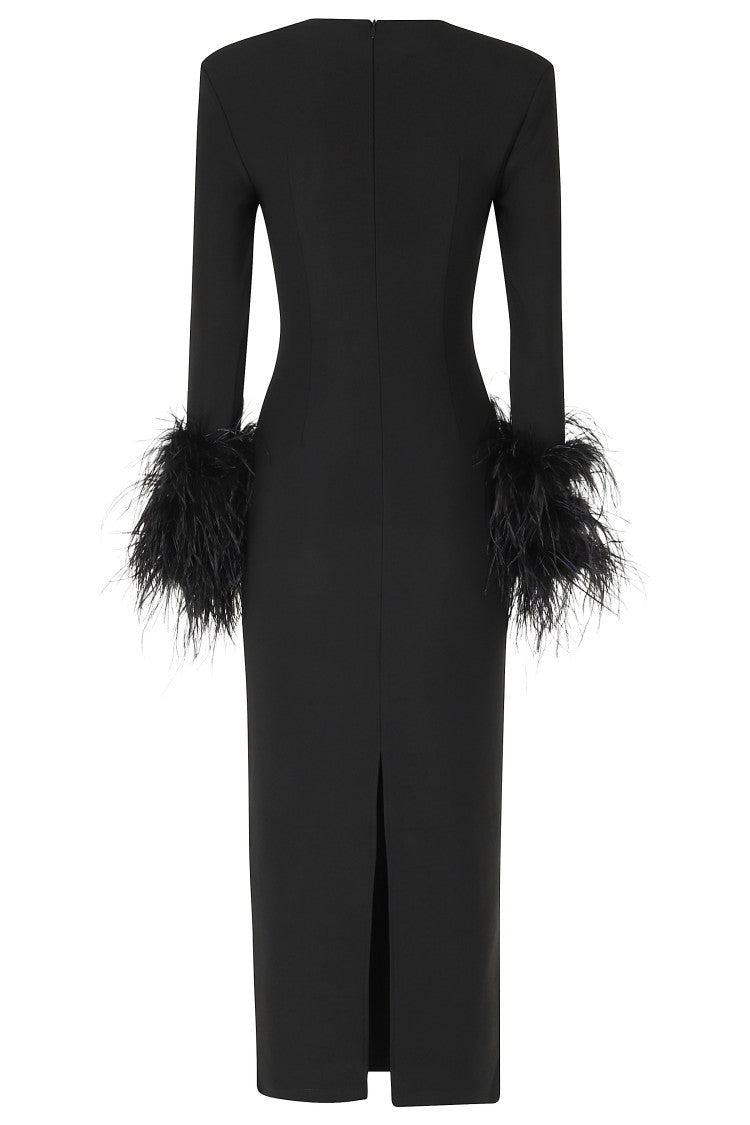Twenty Fourhaitch Black Teide Long Feather-Trimmed Midi Dress